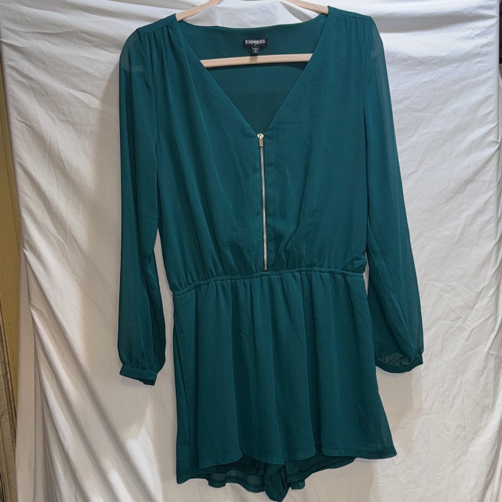 Express Teal Long Sleeve V-Neck Romper with Front Zip